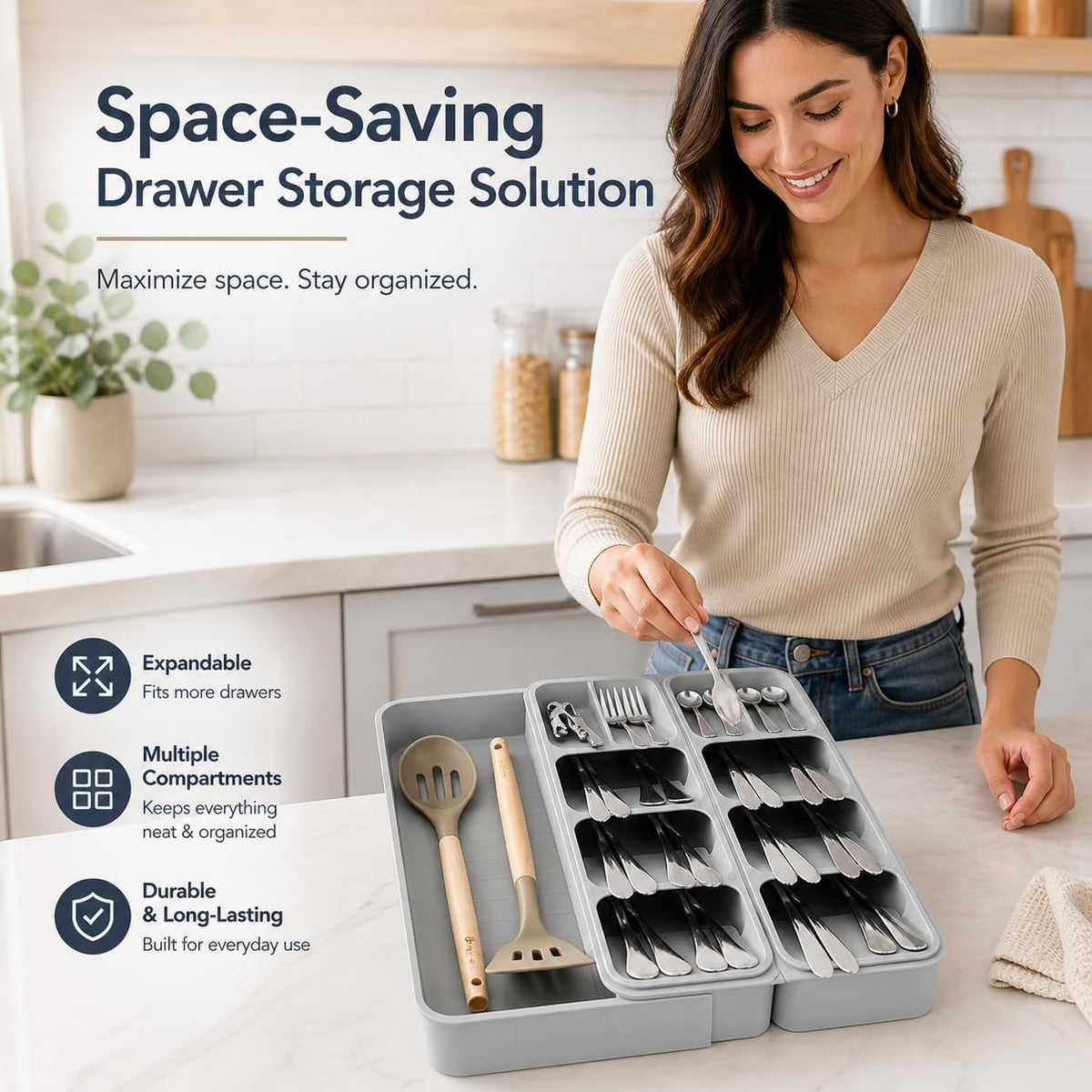 Expandable Drawer Knife Organizer, In-Drawer Knife Holder for 11 Knives, Adjustable Kitchen Drawer Knife Block with Drain Holes, BPA-Free Plastic Knife Storage Tray, Fits Steak & Chef Knives