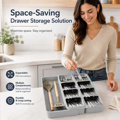 Expandable Drawer Knife Organizer, In-Drawer Knife Holder for 11 Knives, Adjustable Kitchen Drawer Knife Block with Drain Holes, BPA-Free Plastic Knife Storage Tray, Fits Steak & Chef Knives