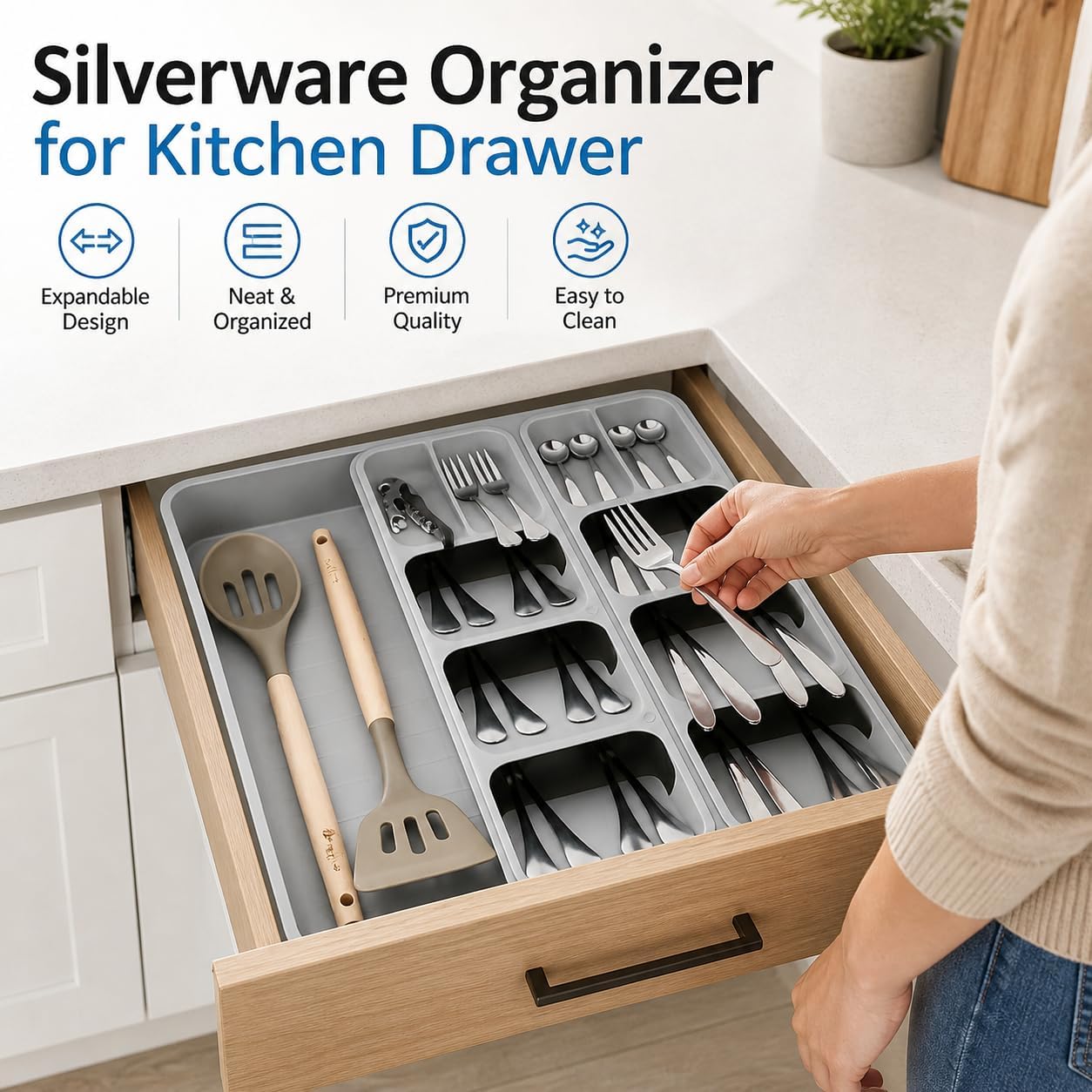 Expandable Drawer Knife Organizer, In-Drawer Knife Holder for 11 Knives, Adjustable Kitchen Drawer Knife Block with Drain Holes, BPA-Free Plastic Knife Storage Tray, Fits Steak & Chef Knives