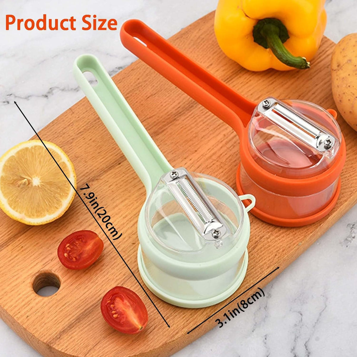 2 Pcs Peeling Knife With Storage Box, Fruit And Vegetable Peeler With Container, Double-Sided Stainless Steel Multi-Function Peeler For Home Kitchen, Office and Outdoor, Portable, Green and Orange