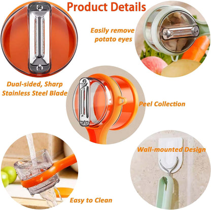 2 Pcs Peeling Knife With Storage Box, Fruit And Vegetable Peeler With Container, Double-Sided Stainless Steel Multi-Function Peeler For Home Kitchen, Office and Outdoor, Portable, Green and Orange