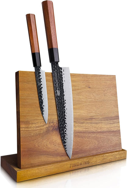 Magnetic Knife Block, Teak Wood Utensils Holder, Strong Magnet Stand for Kitchen Counter (10.8 x 8 Inches, Without Knives)