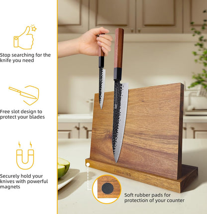 Magnetic Knife Block, Teak Wood Utensils Holder, Strong Magnet Stand for Kitchen Counter (10.8 x 8 Inches, Without Knives)
