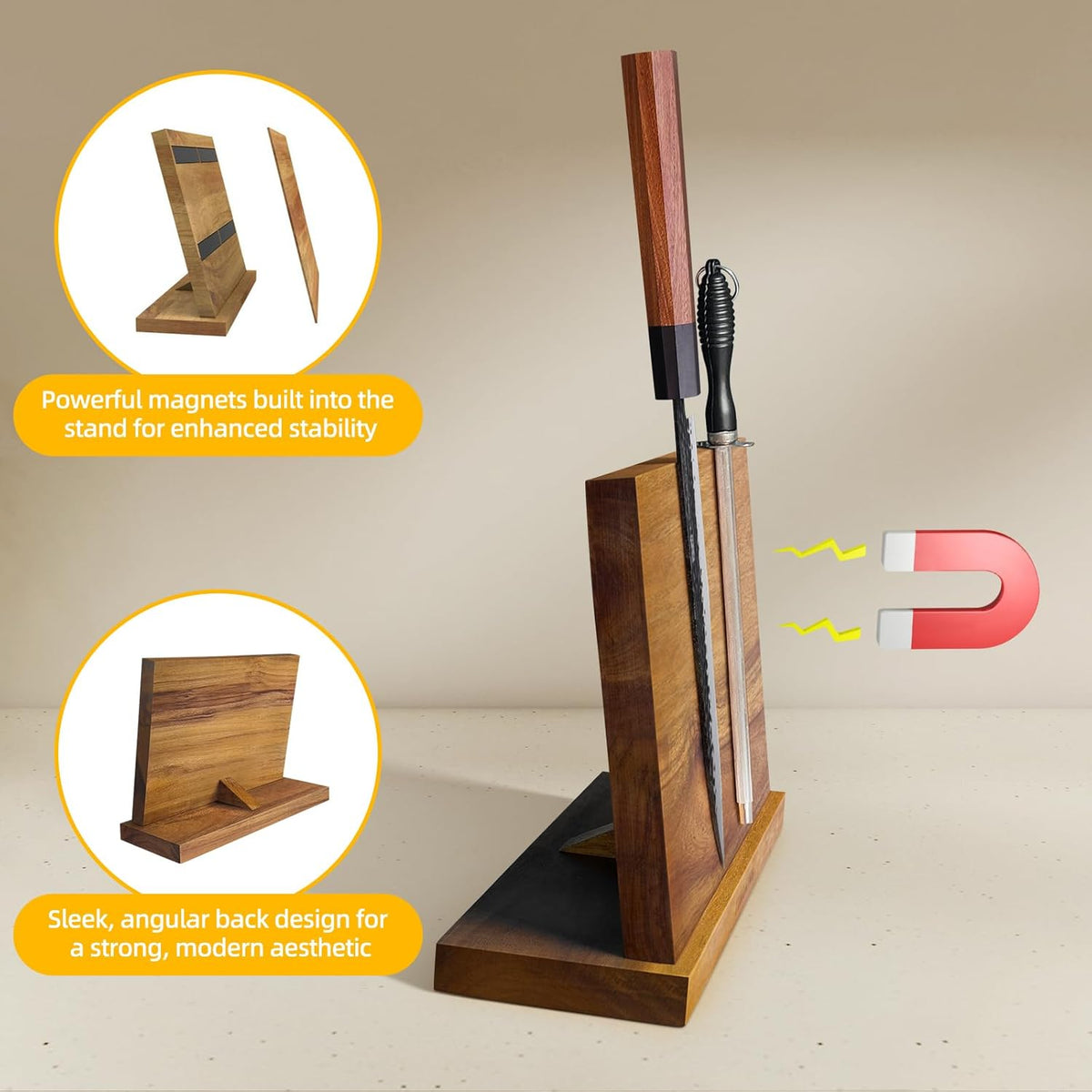 Magnetic Knife Block, Teak Wood Utensils Holder, Strong Magnet Stand for Kitchen Counter (10.8 x 8 Inches, Without Knives)