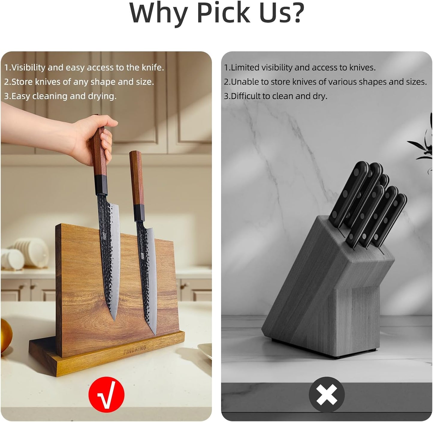 Magnetic Knife Block, Teak Wood Utensils Holder, Strong Magnet Stand for Kitchen Counter (10.8 x 8 Inches, Without Knives)