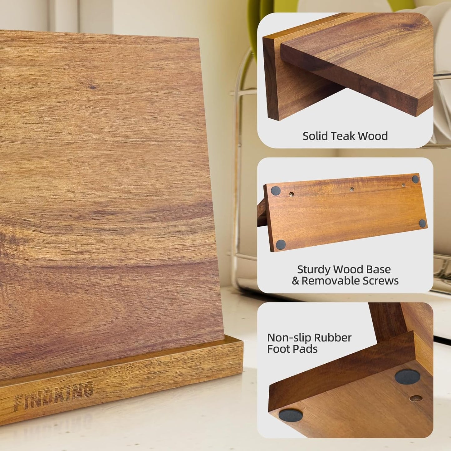 Magnetic Knife Block, Teak Wood Utensils Holder, Strong Magnet Stand for Kitchen Counter (10.8 x 8 Inches, Without Knives)