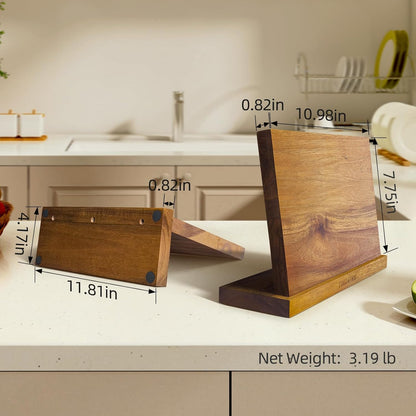 Magnetic Knife Block, Teak Wood Utensils Holder, Strong Magnet Stand for Kitchen Counter (10.8 x 8 Inches, Without Knives)
