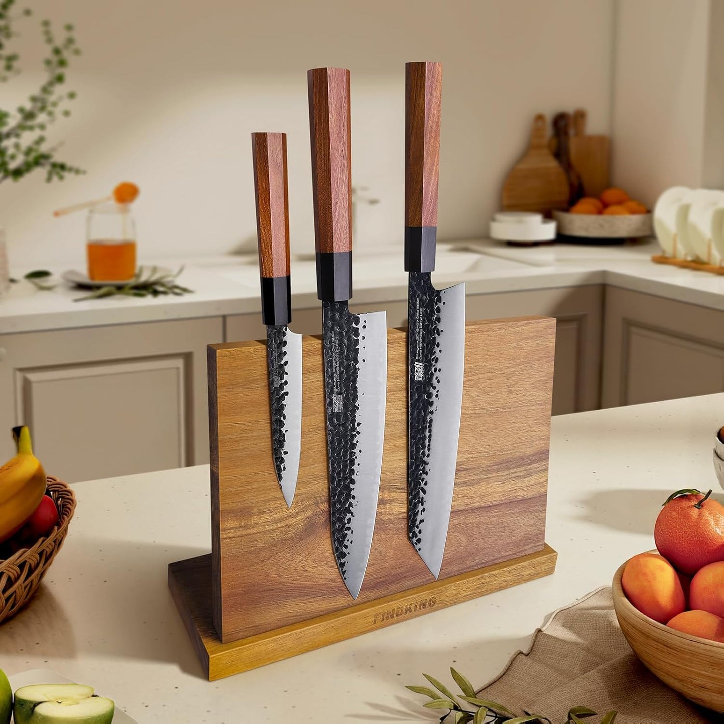 Magnetic Knife Block, Teak Wood Utensils Holder, Strong Magnet Stand for Kitchen Counter (10.8 x 8 Inches, Without Knives)