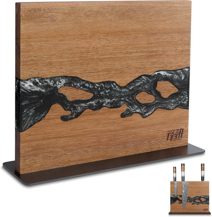 Magnetic Knife Block, Teak Wood Utensils Holder, Strong Magnet Stand for Kitchen Counter (10.8 x 8 Inches, Without Knives)