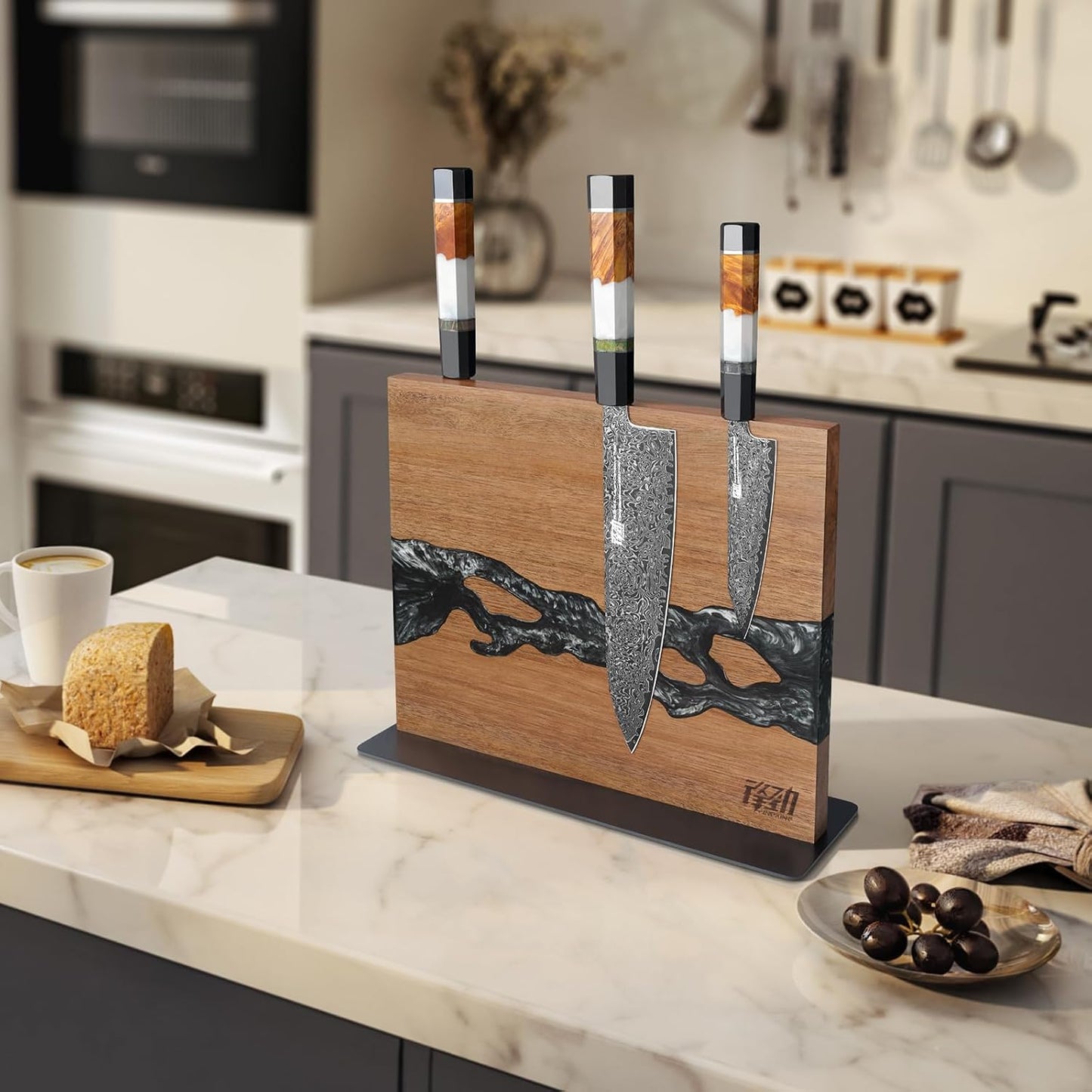 Magnetic Knife Block, Teak Wood Utensils Holder, Strong Magnet Stand for Kitchen Counter (10.8 x 8 Inches, Without Knives)