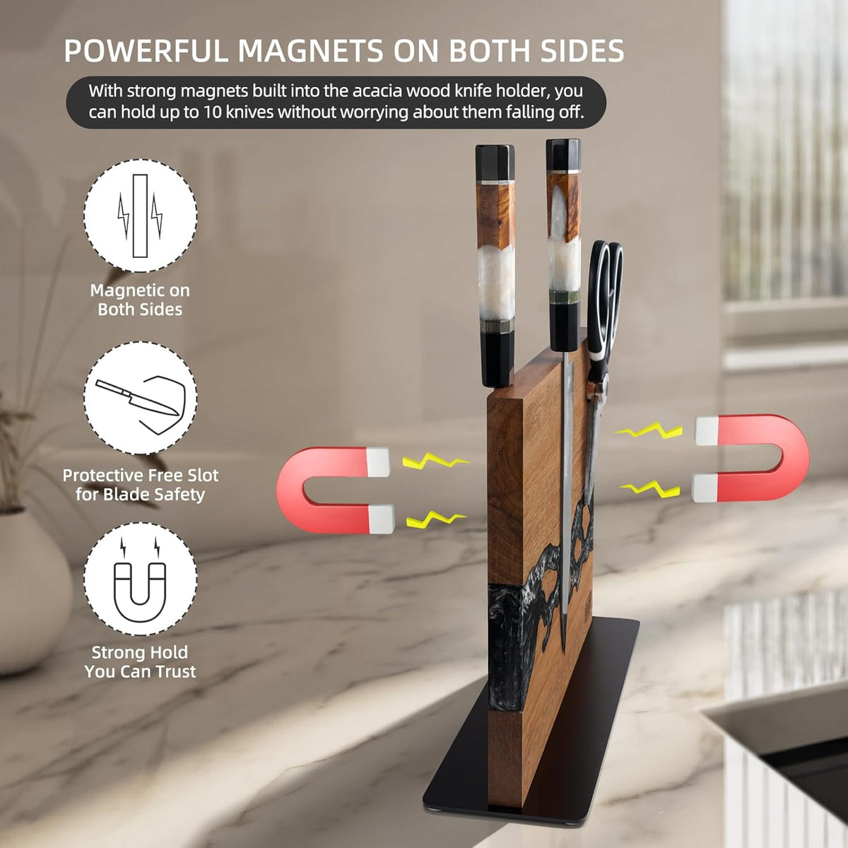 Magnetic Knife Block, Teak Wood Utensils Holder, Strong Magnet Stand for Kitchen Counter (10.8 x 8 Inches, Without Knives)