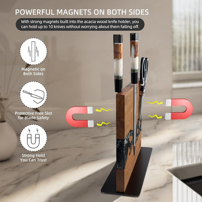 Magnetic Knife Block, Teak Wood Utensils Holder, Strong Magnet Stand for Kitchen Counter (10.8 x 8 Inches, Without Knives)