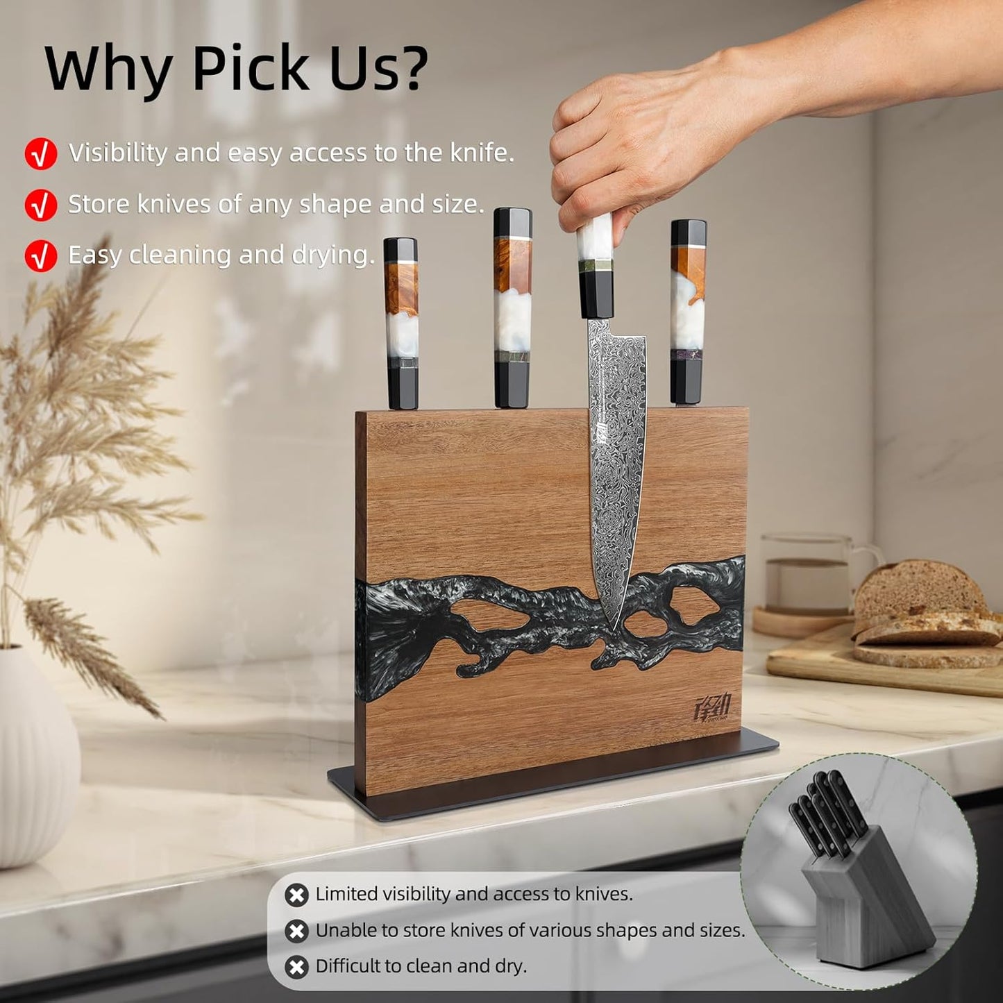 Magnetic Knife Block, Teak Wood Utensils Holder, Strong Magnet Stand for Kitchen Counter (10.8 x 8 Inches, Without Knives)