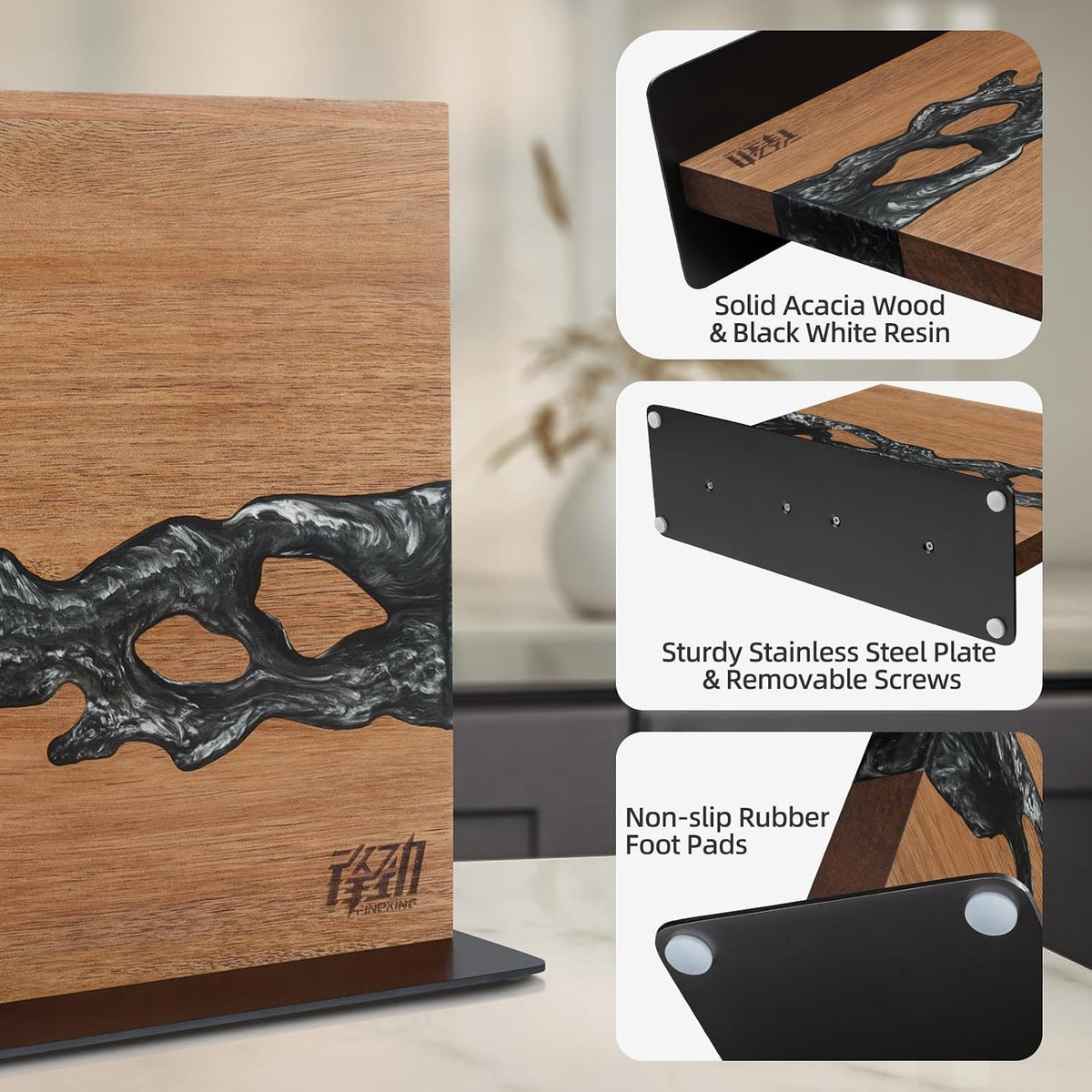 Magnetic Knife Block, Teak Wood Utensils Holder, Strong Magnet Stand for Kitchen Counter (10.8 x 8 Inches, Without Knives)