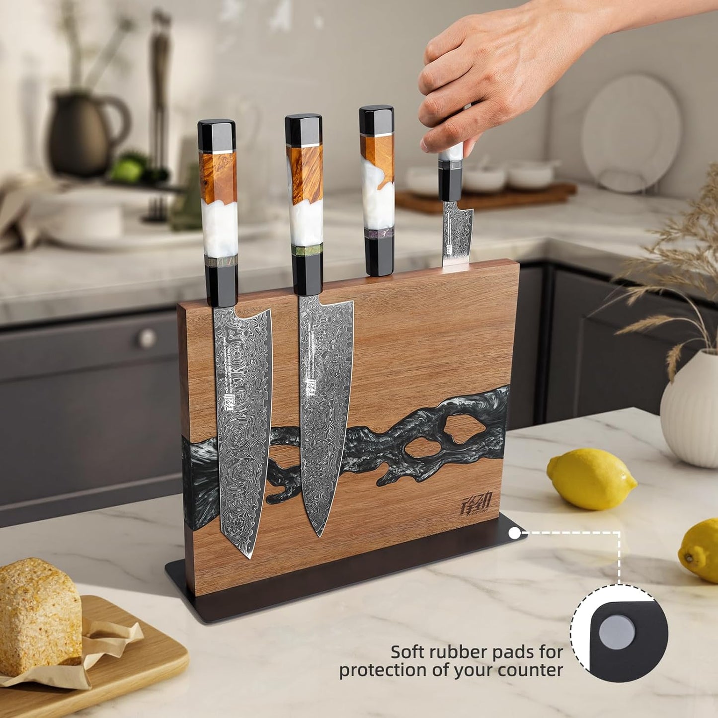 Magnetic Knife Block, Teak Wood Utensils Holder, Strong Magnet Stand for Kitchen Counter (10.8 x 8 Inches, Without Knives)