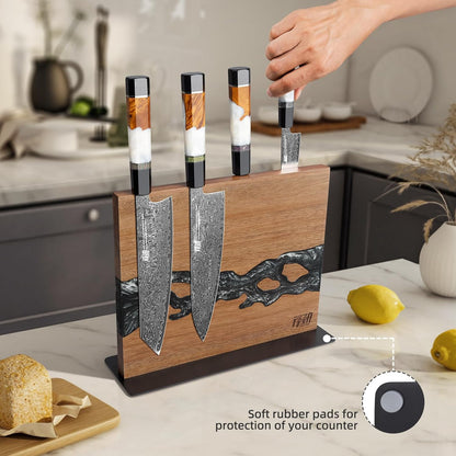 Magnetic Knife Block, Teak Wood Utensils Holder, Strong Magnet Stand for Kitchen Counter (10.8 x 8 Inches, Without Knives)