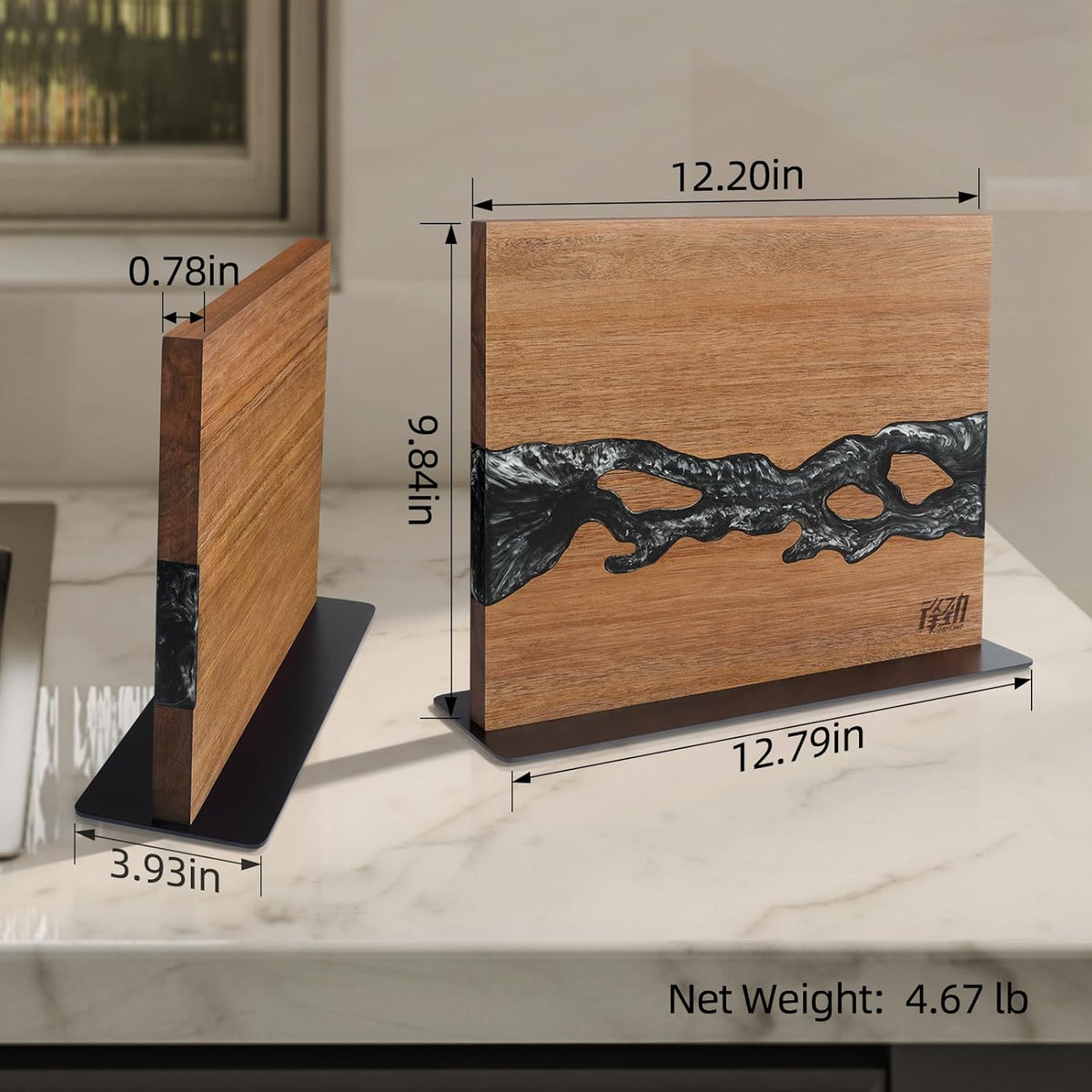 Magnetic Knife Block, Teak Wood Utensils Holder, Strong Magnet Stand for Kitchen Counter (10.8 x 8 Inches, Without Knives)