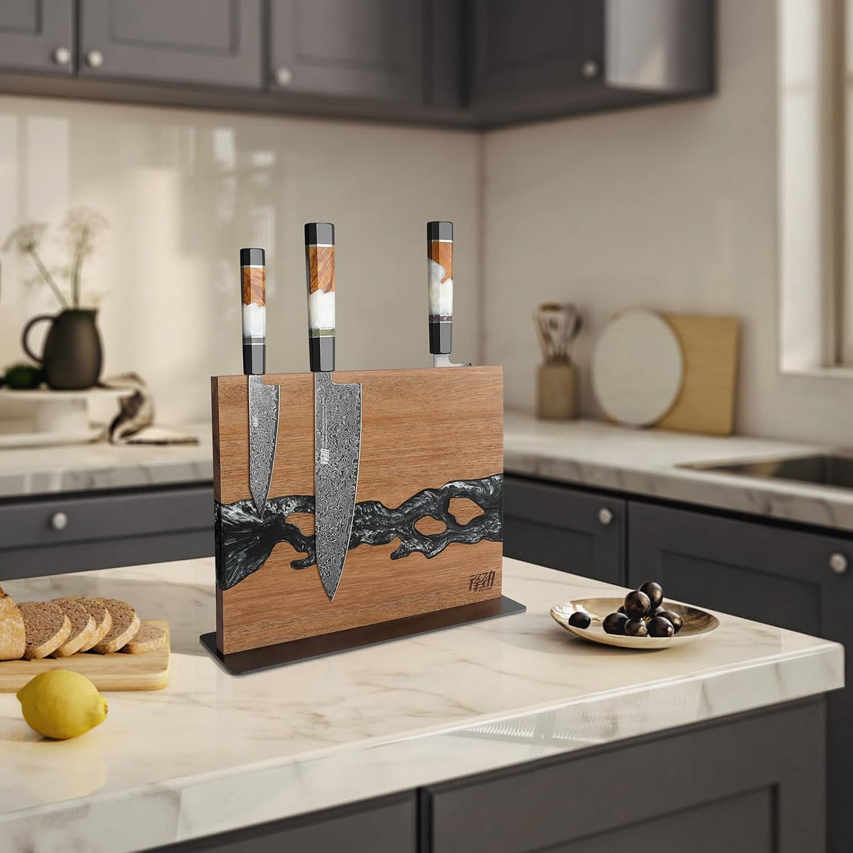 Magnetic Knife Block, Teak Wood Utensils Holder, Strong Magnet Stand for Kitchen Counter (10.8 x 8 Inches, Without Knives)