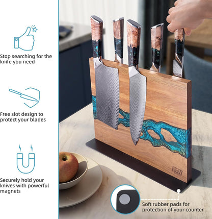 Magnetic Knife Block, Teak Wood Utensils Holder, Strong Magnet Stand for Kitchen Counter (10.8 x 8 Inches, Without Knives)