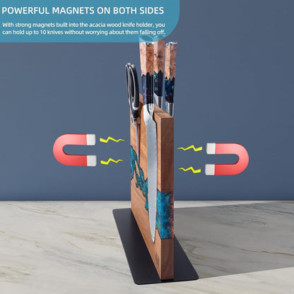 Magnetic Knife Block, Teak Wood Utensils Holder, Strong Magnet Stand for Kitchen Counter (10.8 x 8 Inches, Without Knives)