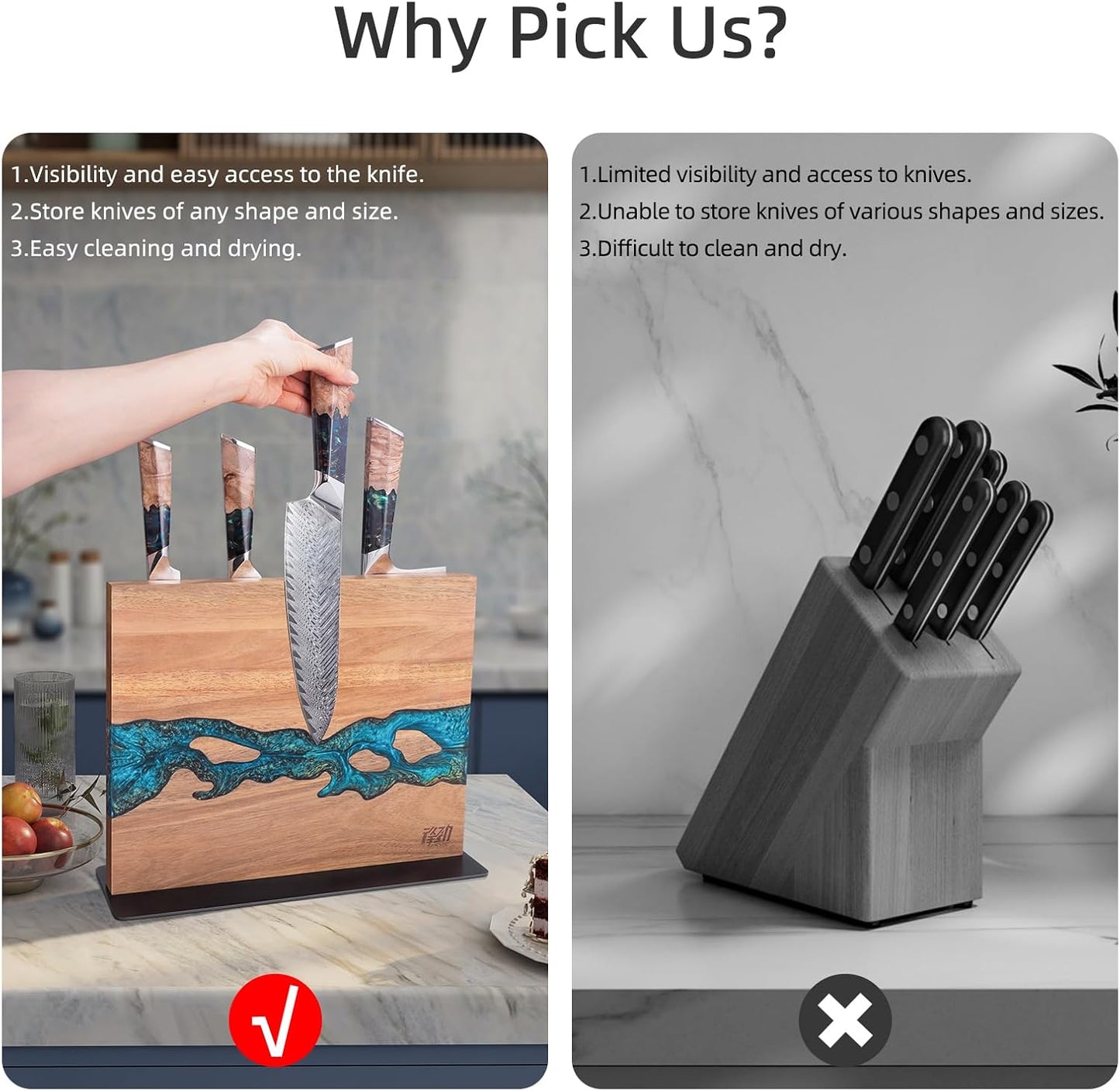 Magnetic Knife Block, Teak Wood Utensils Holder, Strong Magnet Stand for Kitchen Counter (10.8 x 8 Inches, Without Knives)