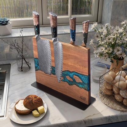 Magnetic Knife Block, Teak Wood Utensils Holder, Strong Magnet Stand for Kitchen Counter (10.8 x 8 Inches, Without Knives)