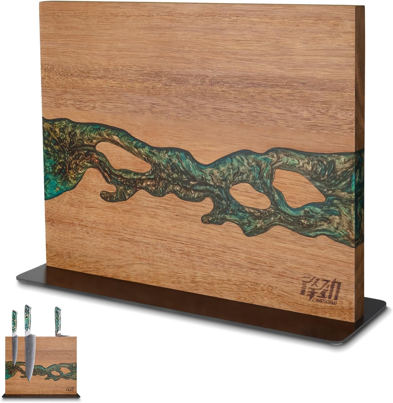 Magnetic Knife Block, Teak Wood Utensils Holder, Strong Magnet Stand for Kitchen Counter (10.8 x 8 Inches, Without Knives)