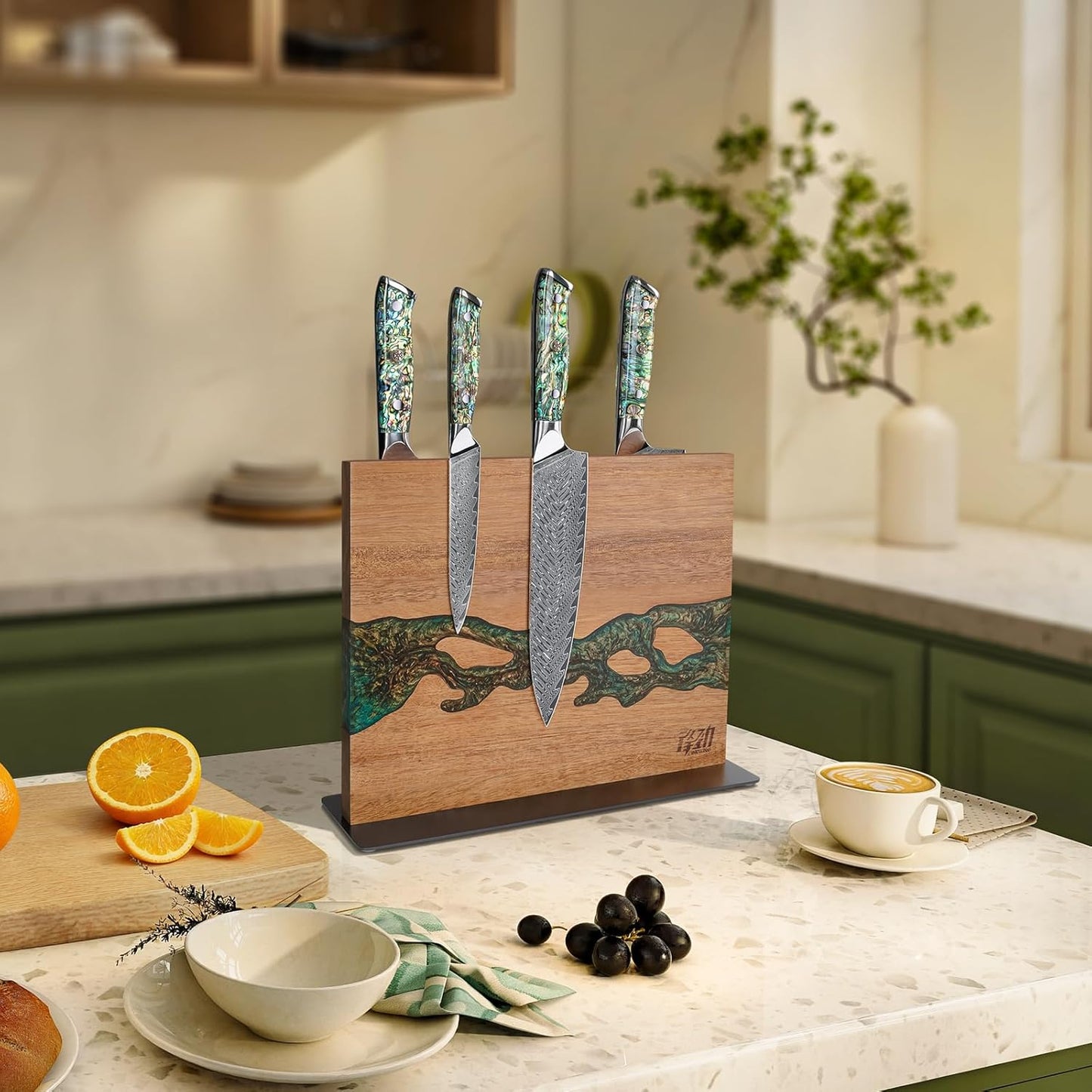 Magnetic Knife Block, Teak Wood Utensils Holder, Strong Magnet Stand for Kitchen Counter (10.8 x 8 Inches, Without Knives)