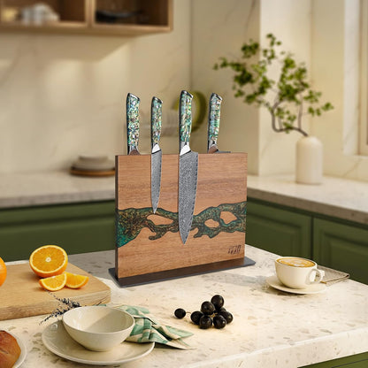 Magnetic Knife Block, Teak Wood Utensils Holder, Strong Magnet Stand for Kitchen Counter (10.8 x 8 Inches, Without Knives)