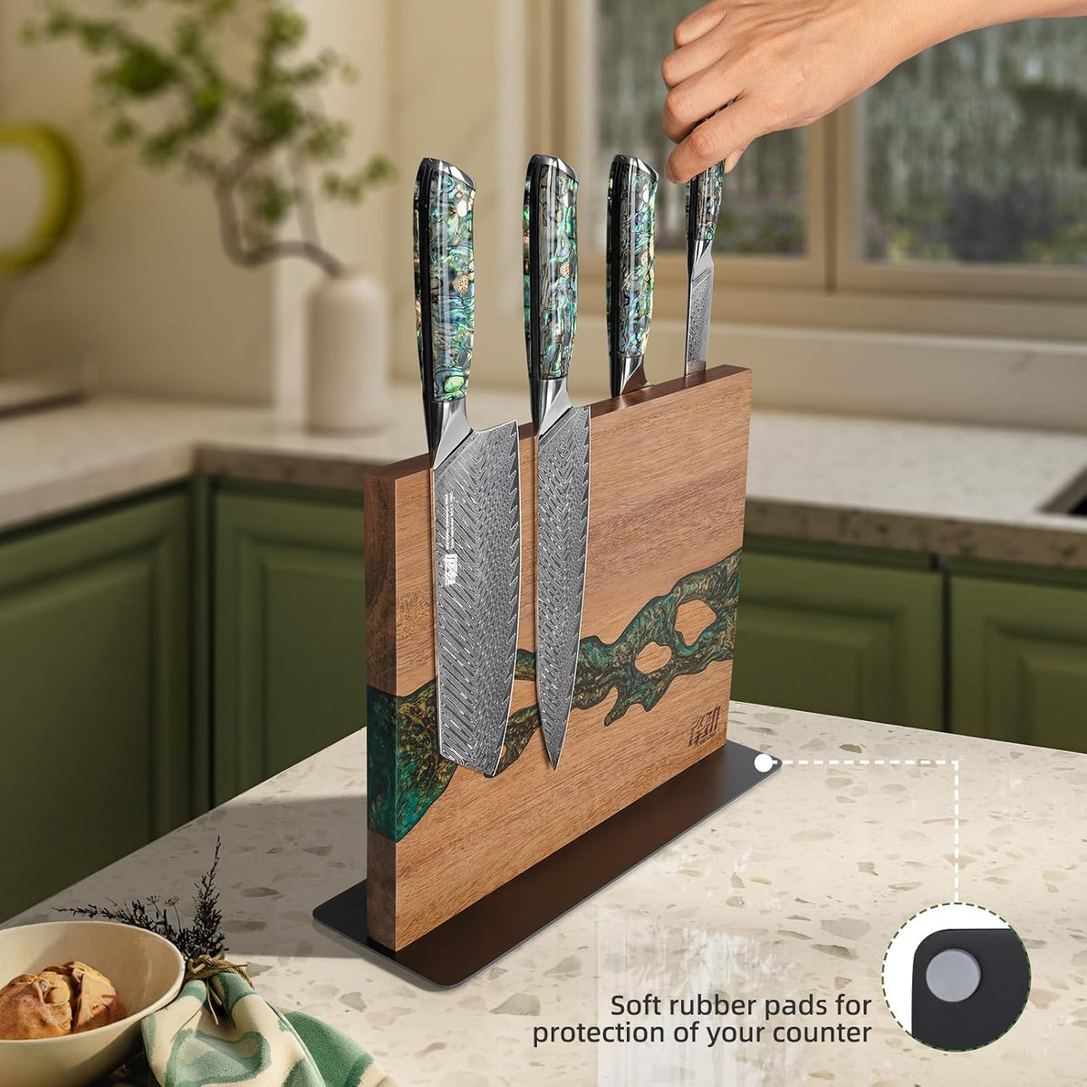 Magnetic Knife Block, Teak Wood Utensils Holder, Strong Magnet Stand for Kitchen Counter (10.8 x 8 Inches, Without Knives)