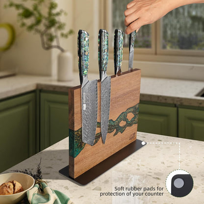 Magnetic Knife Block, Teak Wood Utensils Holder, Strong Magnet Stand for Kitchen Counter (10.8 x 8 Inches, Without Knives)