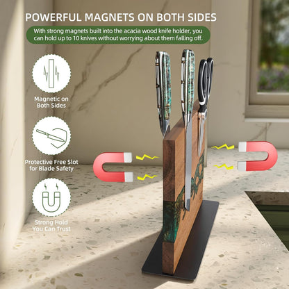 Magnetic Knife Block, Teak Wood Utensils Holder, Strong Magnet Stand for Kitchen Counter (10.8 x 8 Inches, Without Knives)