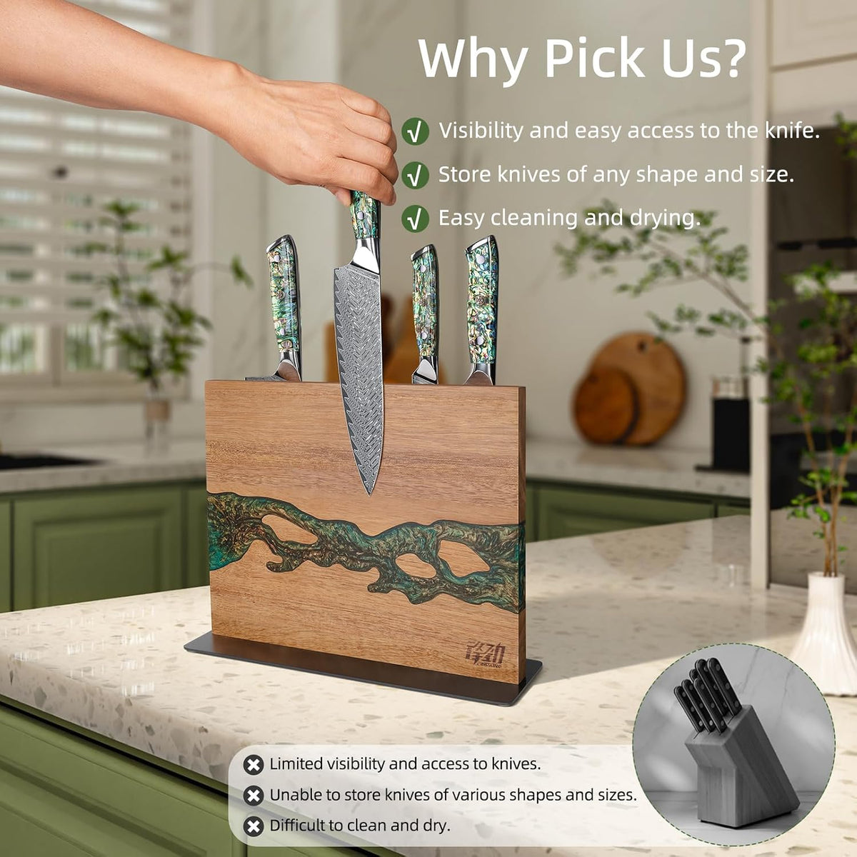 Magnetic Knife Block, Teak Wood Utensils Holder, Strong Magnet Stand for Kitchen Counter (10.8 x 8 Inches, Without Knives)