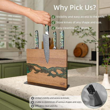 Magnetic Knife Block, Teak Wood Utensils Holder, Strong Magnet Stand for Kitchen Counter (10.8 x 8 Inches, Without Knives)