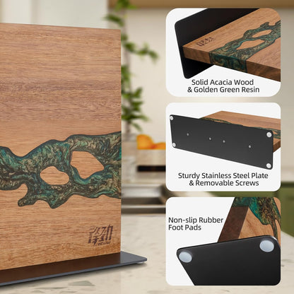 Magnetic Knife Block, Teak Wood Utensils Holder, Strong Magnet Stand for Kitchen Counter (10.8 x 8 Inches, Without Knives)
