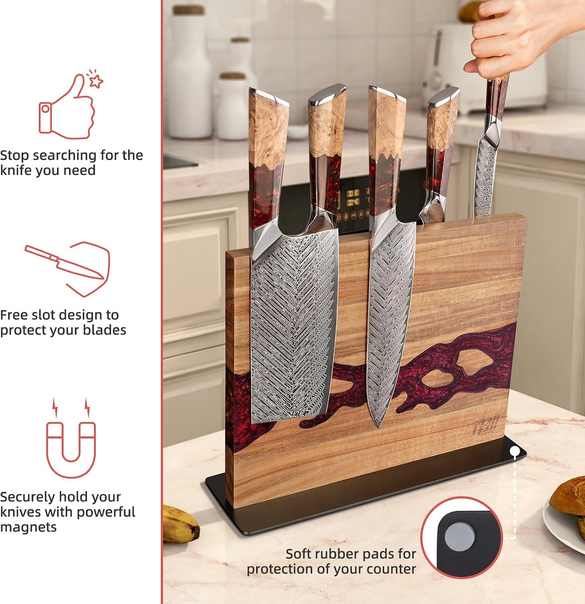 Magnetic Knife Block, Teak Wood Utensils Holder, Strong Magnet Stand for Kitchen Counter (10.8 x 8 Inches, Without Knives)