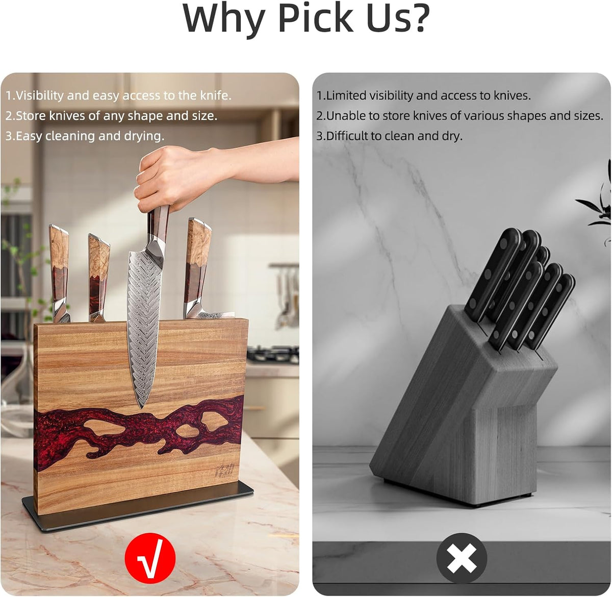 Magnetic Knife Block, Teak Wood Utensils Holder, Strong Magnet Stand for Kitchen Counter (10.8 x 8 Inches, Without Knives)