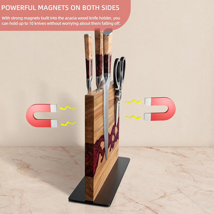 Magnetic Knife Block, Teak Wood Utensils Holder, Strong Magnet Stand for Kitchen Counter (10.8 x 8 Inches, Without Knives)