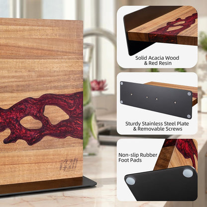 Magnetic Knife Block, Teak Wood Utensils Holder, Strong Magnet Stand for Kitchen Counter (10.8 x 8 Inches, Without Knives)