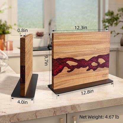 Magnetic Knife Block, Teak Wood Utensils Holder, Strong Magnet Stand for Kitchen Counter (10.8 x 8 Inches, Without Knives)