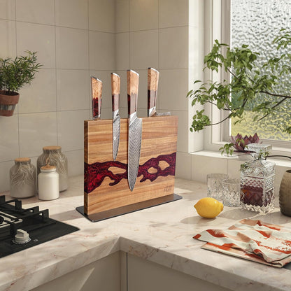 Magnetic Knife Block, Teak Wood Utensils Holder, Strong Magnet Stand for Kitchen Counter (10.8 x 8 Inches, Without Knives)