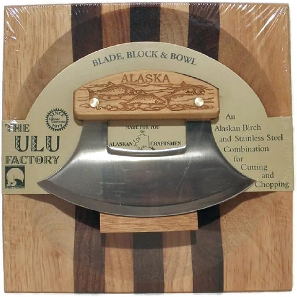 Large Alaska Ulu Bowl Set Salmon School Etched Handle (1)