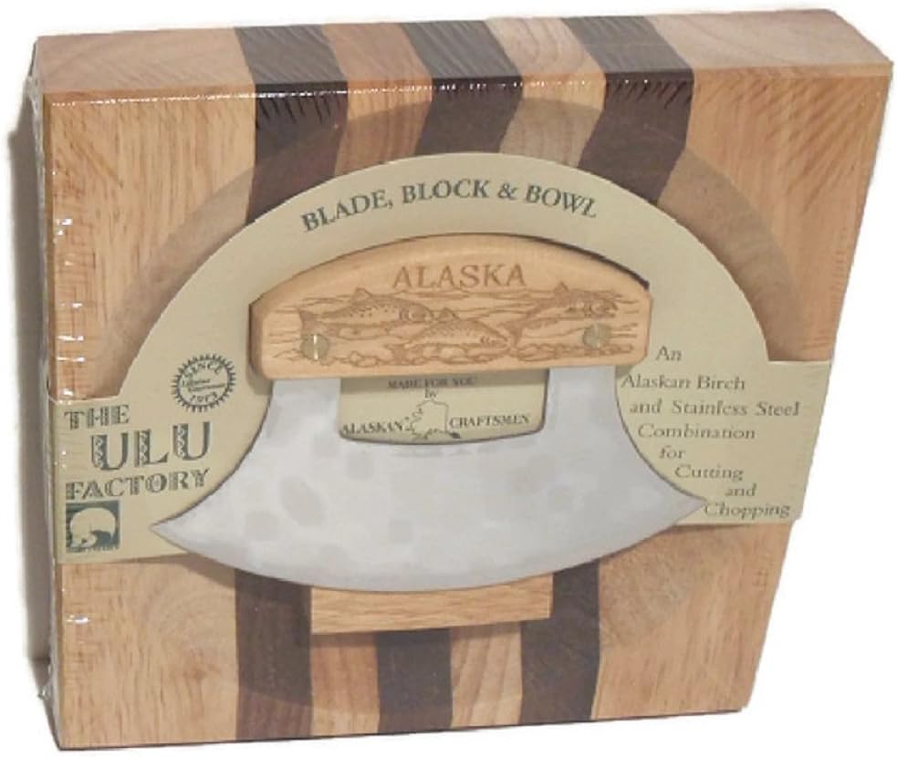 Large Alaska Ulu Bowl Set Salmon School Etched Handle (1)
