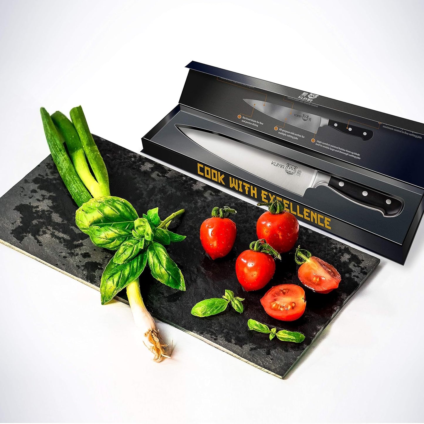 Multi Purpose Chefs Knife - Pro Bolster Edition | 8 Inch Blade for Carving, Slicing & Chopping - Great Ergonomic Handle - Professional Kitchen Knives