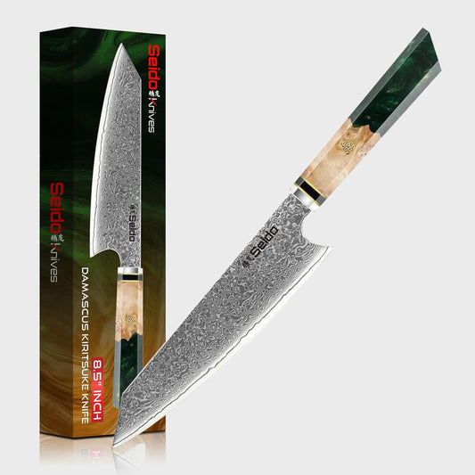 Kiritsuke Damascus Steel Chef Knife Epoxy Resin Stabilized Wood Handle Professional Kitchen Knife VG10 High Carbon Stainless Steel, Forest Green | VG10 high-carbon stainless steel with Damascus finish and forest green resin wood handle