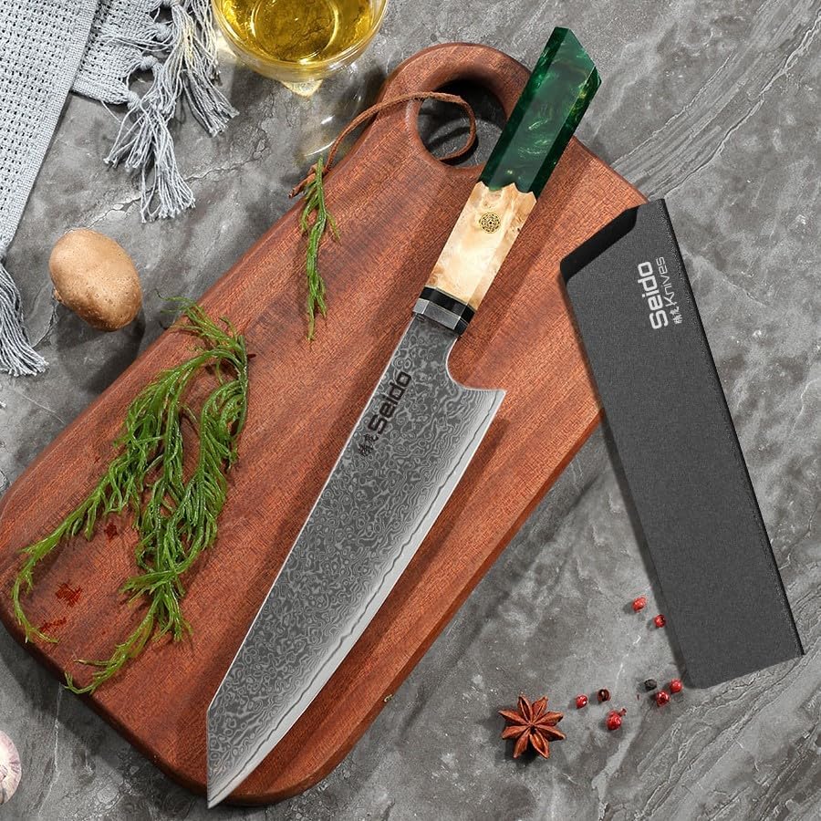 Kiritsuke Damascus Steel Chef Knife Epoxy Resin Stabilized Wood Handle Professional Kitchen Knife VG10 High Carbon Stainless Steel, Forest Green | VG10 high-carbon stainless steel with Damascus finish and forest green resin wood handle