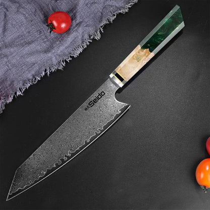 Kiritsuke Damascus Steel Chef Knife Epoxy Resin Stabilized Wood Handle Professional Kitchen Knife VG10 High Carbon Stainless Steel, Forest Green | VG10 high-carbon stainless steel with Damascus finish and forest green resin wood handle