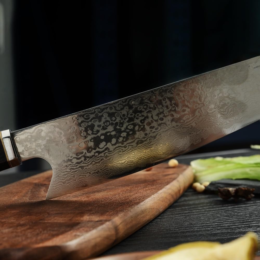 Kiritsuke Damascus Steel Chef Knife Epoxy Resin Stabilized Wood Handle Professional Kitchen Knife VG10 High Carbon Stainless Steel, Forest Green | VG10 high-carbon stainless steel with Damascus finish and forest green resin wood handle