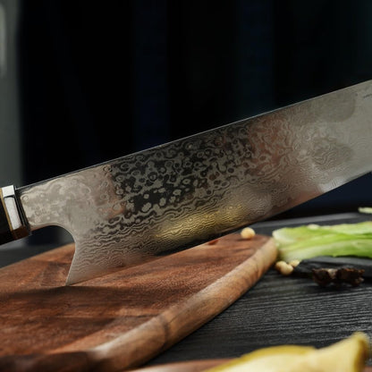 Kiritsuke Damascus Steel Chef Knife Epoxy Resin Stabilized Wood Handle Professional Kitchen Knife VG10 High Carbon Stainless Steel, Forest Green | VG10 high-carbon stainless steel with Damascus finish and forest green resin wood handle