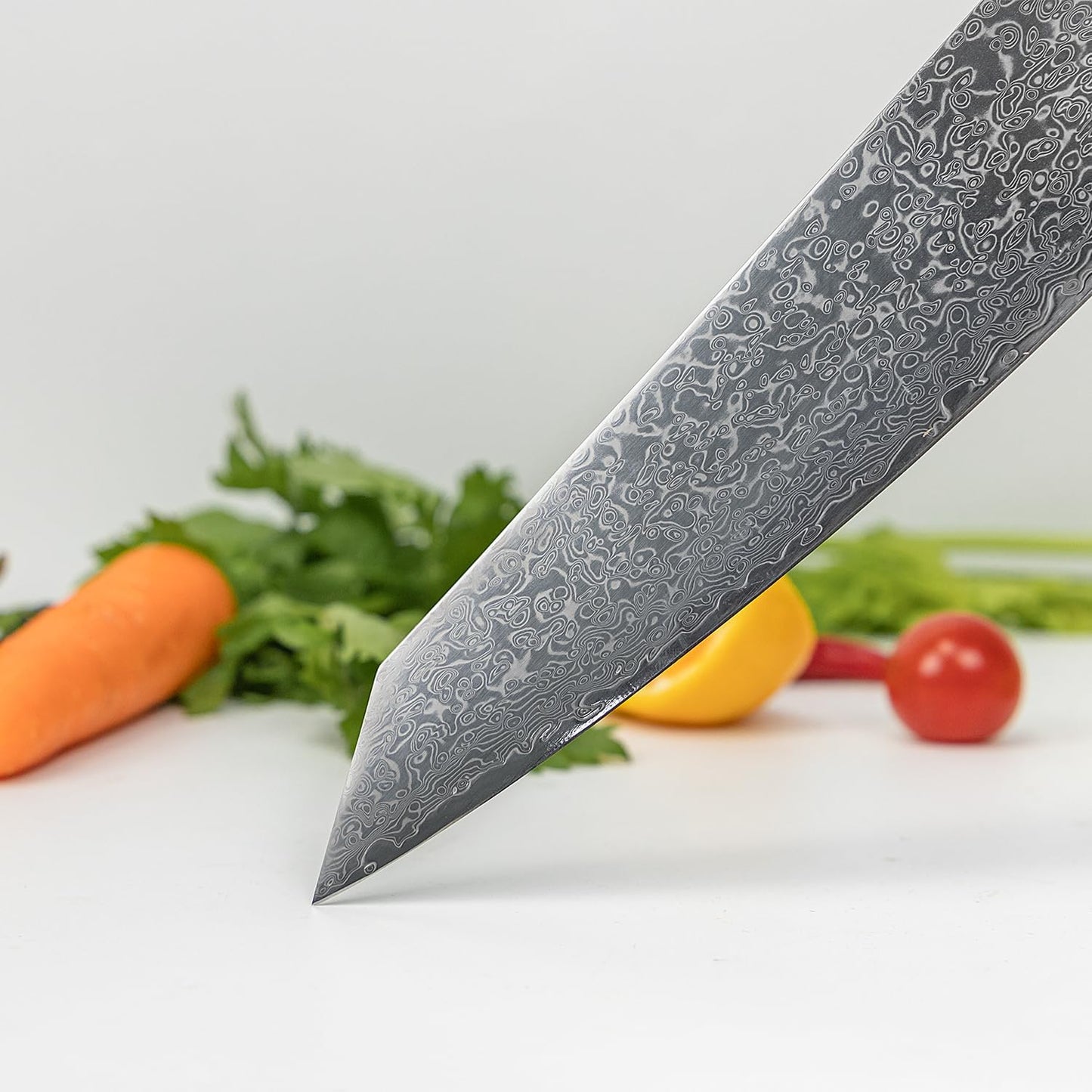 Kiritsuke Damascus Steel Chef Knife Epoxy Resin Stabilized Wood Handle Professional Kitchen Knife VG10 High Carbon Stainless Steel, Forest Green | VG10 high-carbon stainless steel with Damascus finish and forest green resin wood handle